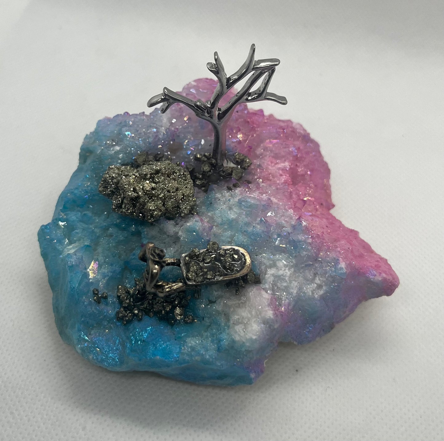 Aura quartz freeform with pyrite and miner decoration