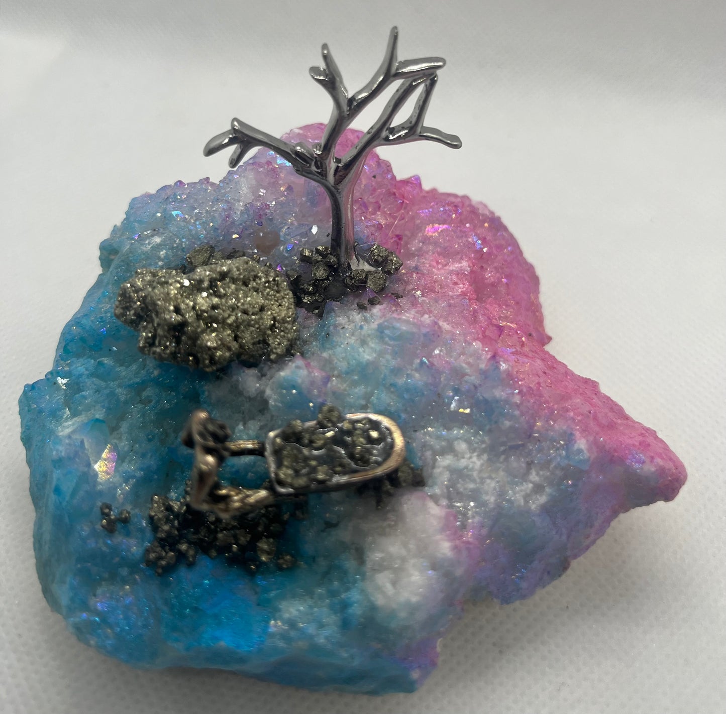 Aura quartz freeform with pyrite and miner decoration